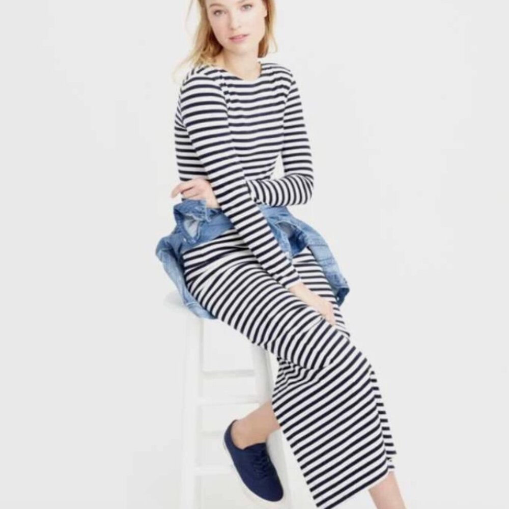 NWT J.Crew Long-Sleeved Striped Maxi Dress Navy and White Sz 4